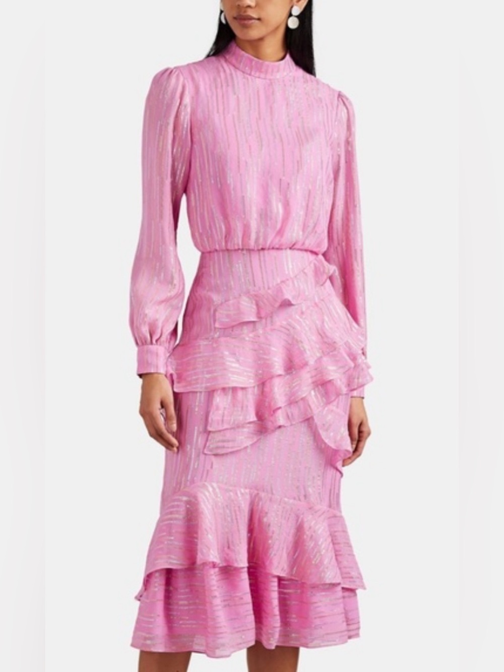 SALONI Marissa Pink Silk Metallic-Striped Long-Sleeve Ruffle Midi Dress Size 2